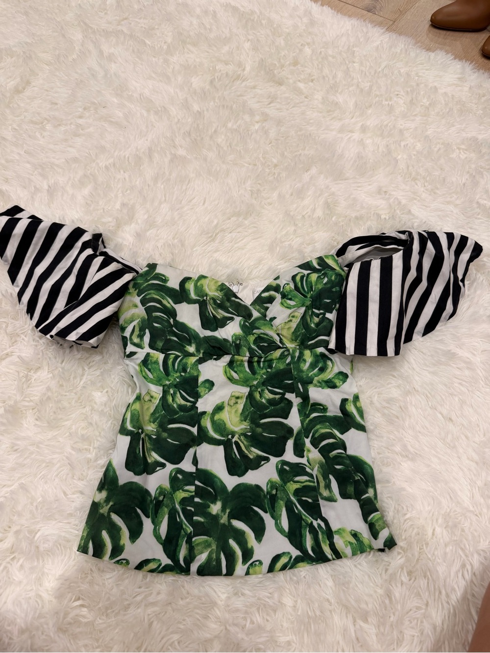 Caroline Constas Green Leaf Print Top with Black & White Stripes